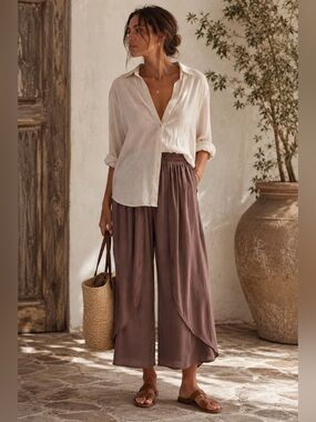 TRYB 100% Silk Waterfall Wide Leg Pants | Brown Resort Lounge Quiet Luxury